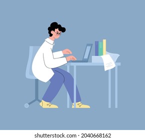 Man scientist sits at table with laboratory equipment and typing on laptop, flat vector illustration isolated on blue background. Laboratory pharmaceutical researches.
