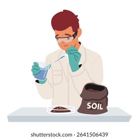 Man scientist testing soil checking ground fertility working with laboratory equipment cartoon scene isolated on white background. Agronomy expert conducting scientific research vector illustration