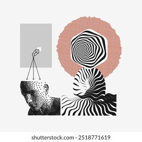 Man scientist thinking. Art composition. Discovery, studying and learning concept. Abstract striped design element. Optical art. Digital human head constructing from dots. 3d vector illustration.  