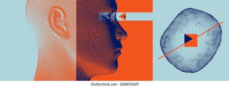 Man scientist thinking. Discovery, studying and learning concept. Reflect on the future. Time to think. Digital technology background. 3D vector illustration for presentations, flyers or posters.