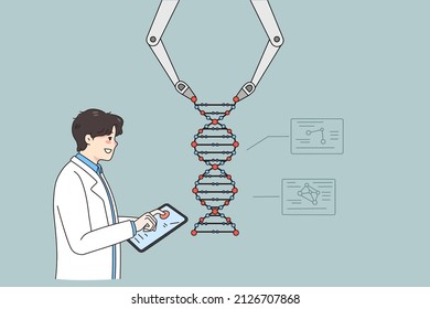 Man Scientist Use Robotic Arm Work With DNA Structure In Modern Laboratory. Male Professor Or Researcher Operate Robot Conduct Experiments In Lab. Medicine And Technology. Vector Illustration. 