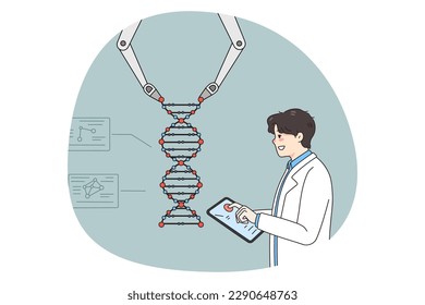 Man scientist use robotic arm work with DNA structure in modern laboratory. Male professor or researcher operate robot conduct experiments in lab. Medicine and technology. Vector illustration.