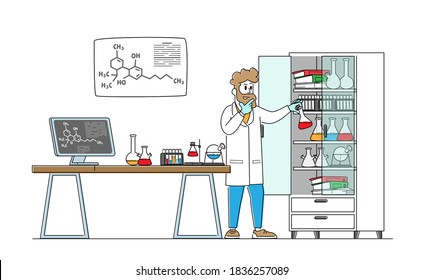 Man Scientist Wearing White Coat Conducting Experiments in Science Laboratory. Male Character Researcher in Chemical Lab Scientific pr Pharmaceutical Research. Linear People Vector Illustration