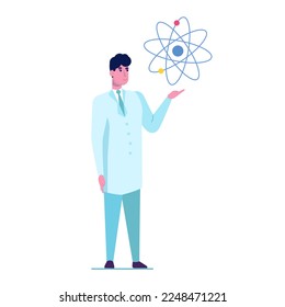 Man scientists showing atomic model. Vector illustration.