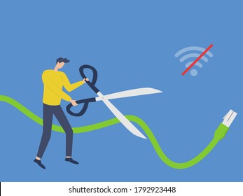 Hombre con tijera o cortó la conexión a internet.
darse de baja del concepto de internet. ilustración vectorial