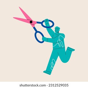 A man with scissors is cutting something. Colorful vector illustration

