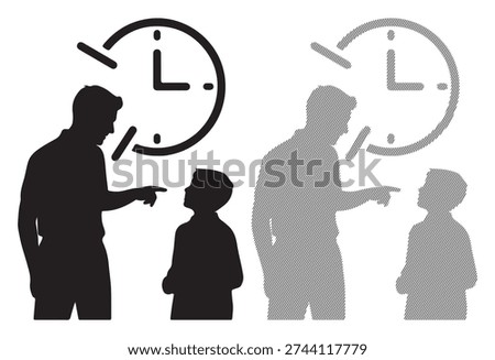Man scolding boy, clock, time management, discipline, lesson, warning, supervision