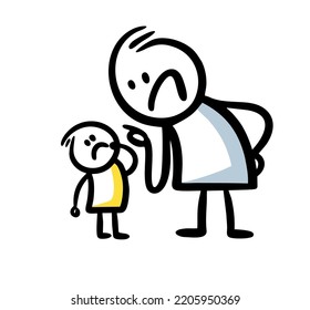 Mann schimpfte ein kleines Kind doodle handgezeichnet Bild. Vektorgrafik missbrauchter Familienbeziehungen.