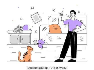 Man scolds cat linear. Young guy scream at naughty kitten. Owner and domestic animal with chaos and mess in apartment, broken vase. Doodle flat vector illustration isolated on white background