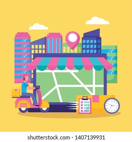 man scooter laptop map navigation city market fast delivery vector illustration
