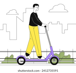 Man at scooter linear. Young guy with eco friendly transport. Active lifestyle, travel and trip in city. Citizen and hipster at escooter. Doodle flat vector illustration isolated on white background