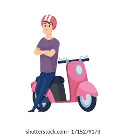 Man and scooter. Pink motorcycle, flat male character in helmet. Boy waiting near transport vector illustration