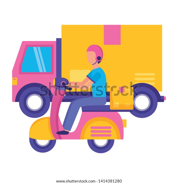 man with scooter truck box cargo fast\
delivery vector\
illustration