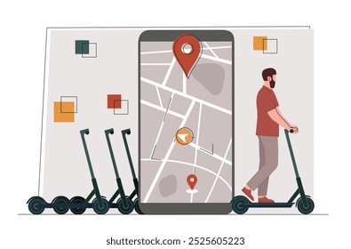 Man with scooters location. Young guy on scooter near smartphone with map. Navigation and geolocation. Travel and tourism. Environmentally friendly transport. Flat vector illustration