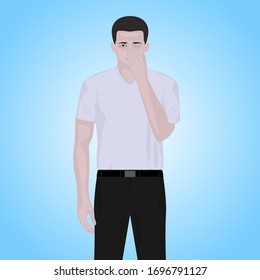 Man scratches nose and eyes. Vector illustration.