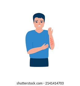 Man Scratching Arm, Rash, Allergy On Hand, Acne On Skin. Male Suffering From Itchy Skin, Symptom Disease. Vector Illustration