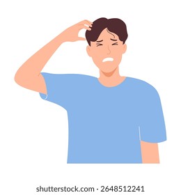 Man Scratching Head Itching Itchy Scalp. Discomfort, Annoyed, Frustrated, Worried, Uncomfortable Stress, confusion, Thoughtful. Vector illustration on white background.