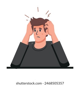 man scratching his head because of dandruff, peeling scalp, vector illustration.