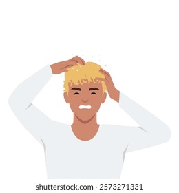 Man scratching his head, distressed, with flakes suggesting dandruff or an itchy scalp. Flat vector illustration isolated on white background