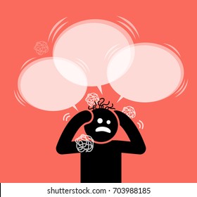 Man scratching his head and hair. He is under pressure, dilemma, confusion, and in panic. He do not what to do and asking a lot of questions to himself. His hair is messed up in the chaotic moment. 