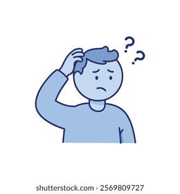 man scratching  his head with question marks above his head