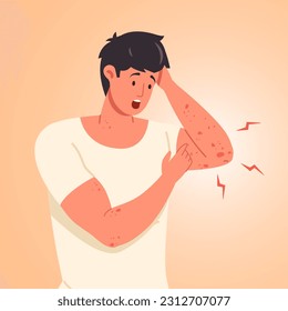 Man scratching skin. Guy scratch sensitive skins on itchy hand, scabies eczem rash inflammation or chickenpox symptom, mosquito infection food allergy concept vector illustration of skin allergy itchy