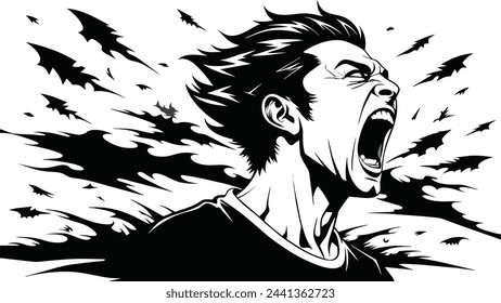 Man screaming black and white illustration on white background