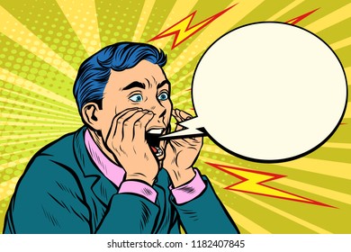 Llamadas a gritos de hombre, ilustración de vector de arte pop kitsch vintage