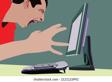 man screaming the computer with emotional. Angry face of gamers yelling reaction when he lose