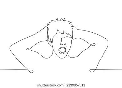 man screaming in despair  panic    one line drawing vector  concept horror  shock  screaming  clutching his head  migraine  headache