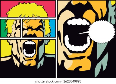 Man screaming with a frown and an open mouth. Face in close-up with empty bubble speech. Vector illustration in comic strip style, available in EPS 10. 