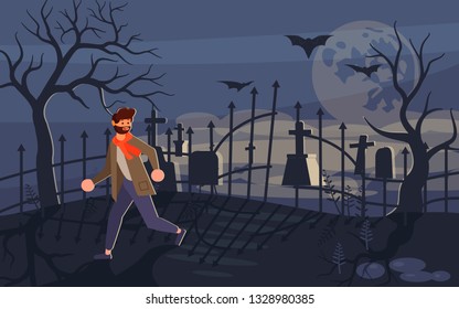 Man screaming in horror and running away from the zombie who is chasing him. Ghost and lonely boy on Scary Halloween background with old cemetery and moonlit night. Flat Art Vector illustration