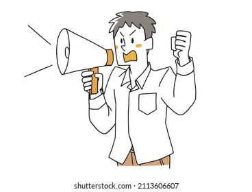  A man screaming with a loudspeaker, a comical handwritten person, a vector, and simple coloring of line drawings.
