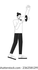 Hombre gritando en megáfono de línea plana personaje vector blanco negro. Discurso agresivo. Esquema editable persona de cuerpo completo. Protesta simple caricatura aislada ilustración puntual para diseño gráfico web