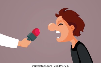 
Man Screaming in a Microphone Interview Vector Cartoon. Unhappy protester shouting his demands to the reporters 
