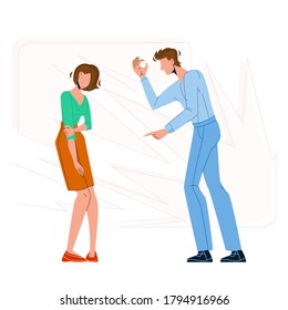 Man Screaming On Guilty Sadness Young Woman Vector. Angry Boyfriend Scream And Shouting At Unhappy Guilty Girlfriend, Family Problem. Characters Couple Relation Flat Cartoon Illustration