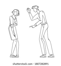Man Screaming On Guilty Sadness Young Woman Black Line Pencil Drawing Vector. Angry Boyfriend Scream And Shouting At Unhappy Guilty Girlfriend, Family Problem. Couple Relation Illustration