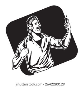 homem gritando enquanto assiste o telefone em preto e branco