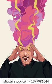 A man screams coming up with creative ideas or in pain, pink smoke comes out of his head