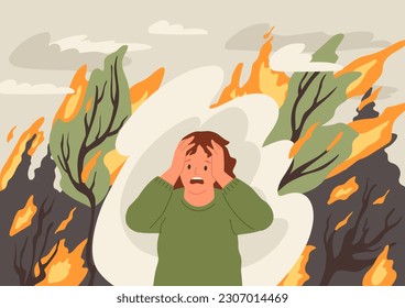 Man screams in forest in fire  Wildfire  nature disaster  Woman scared   holding head and her hands  Vector illustration  Environment problem concept  Trees burning  smoke in sky