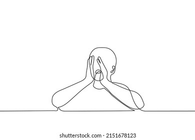 man screams with his palms clasped to be heard better - one line drawing vector. the concept of shouting out loud, calling