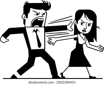 Man screams and hits woman, she pushes him away. Vector monochrome illustration in cartoon flat art style on transparent background
