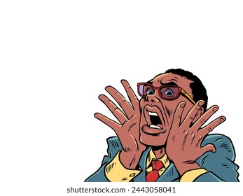 The man screams in horror, covering his face with his hands. Unexpected offers of services and products. Surprised and frightened client. Pop Art Retro Vector Illustration Kitsch Vintage 50s 60s Style