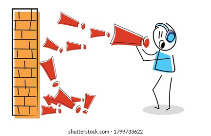 man screams into megaphone in ear muffs
