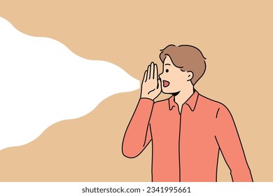 Man screams loudly putting hand to mouth instead gramophone to communicate important information or breaking news. Guy screams, notifying people about shopping promotions or beginning of black friday