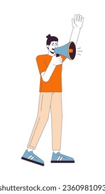 Man screams in megaphone flat line color vector character. Aggressive speech, raising hand. Editable outline full body person on white. Protest simple cartoon spot illustration for web graphic design