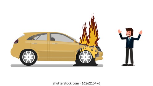 A man screams in panic because his car is on fire. Vector illustration, flat style.