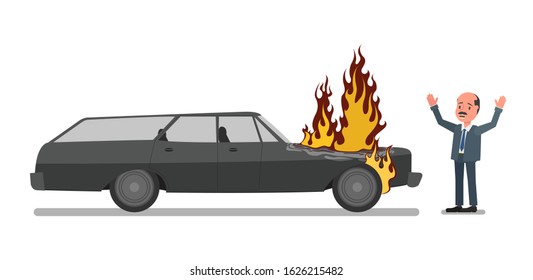 A man screams in panic because his car is on fire. Vector illustration, flat style.