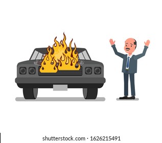 A man screams in panic because his car is on fire. Vector illustration, flat style.