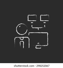 Man screen with camera hand drawn in chalk on a blackboard vector white icon on a black background